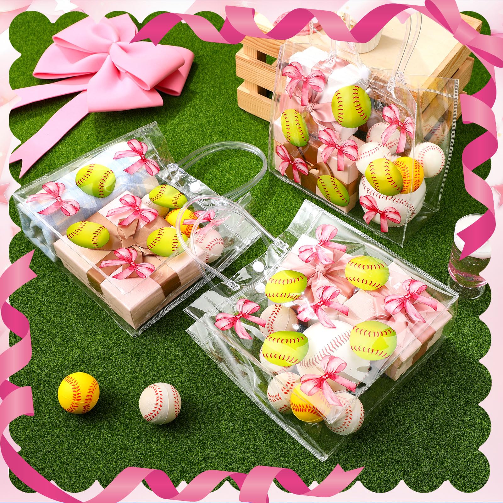 Teenyyou 24 Pcs Softball Clear Gift Bag with Handles Plastic Soft Ball Goodie Sport Theme Party Favor Team Treat Bag with Pink Bow for Birthday Team Snack, 8 x 8 x 3.15 Inches
