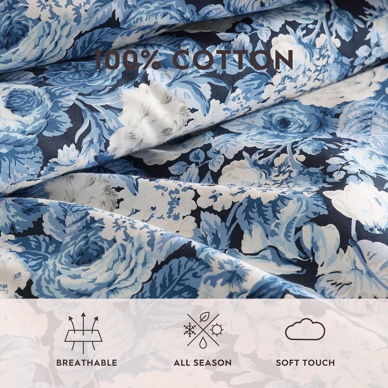 Laura Ashley - Queen Comforter Set, Soft Cotton Bedding, Medium Weight for Year Round Comfort, 3 Piece Bed Set with Matching Pillowcases (Sweet Memories Blue)