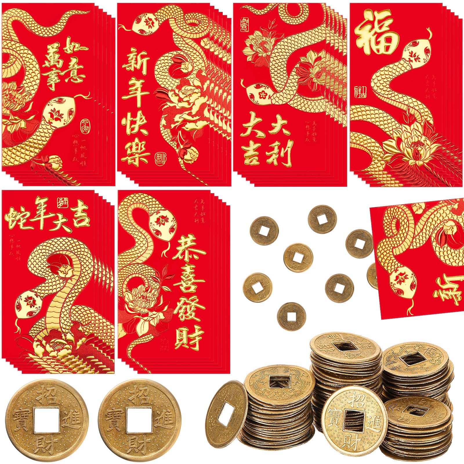 Tenare 36 Sobres de Año Nuevo Chino de Serpiente con 40 Monedas de Fortuna de Feng Shui, Sobres Rojos Chinos Paquete de Hong Bao Monedas Chinas Doradas de Suerte I Ching para Festival de Primavera