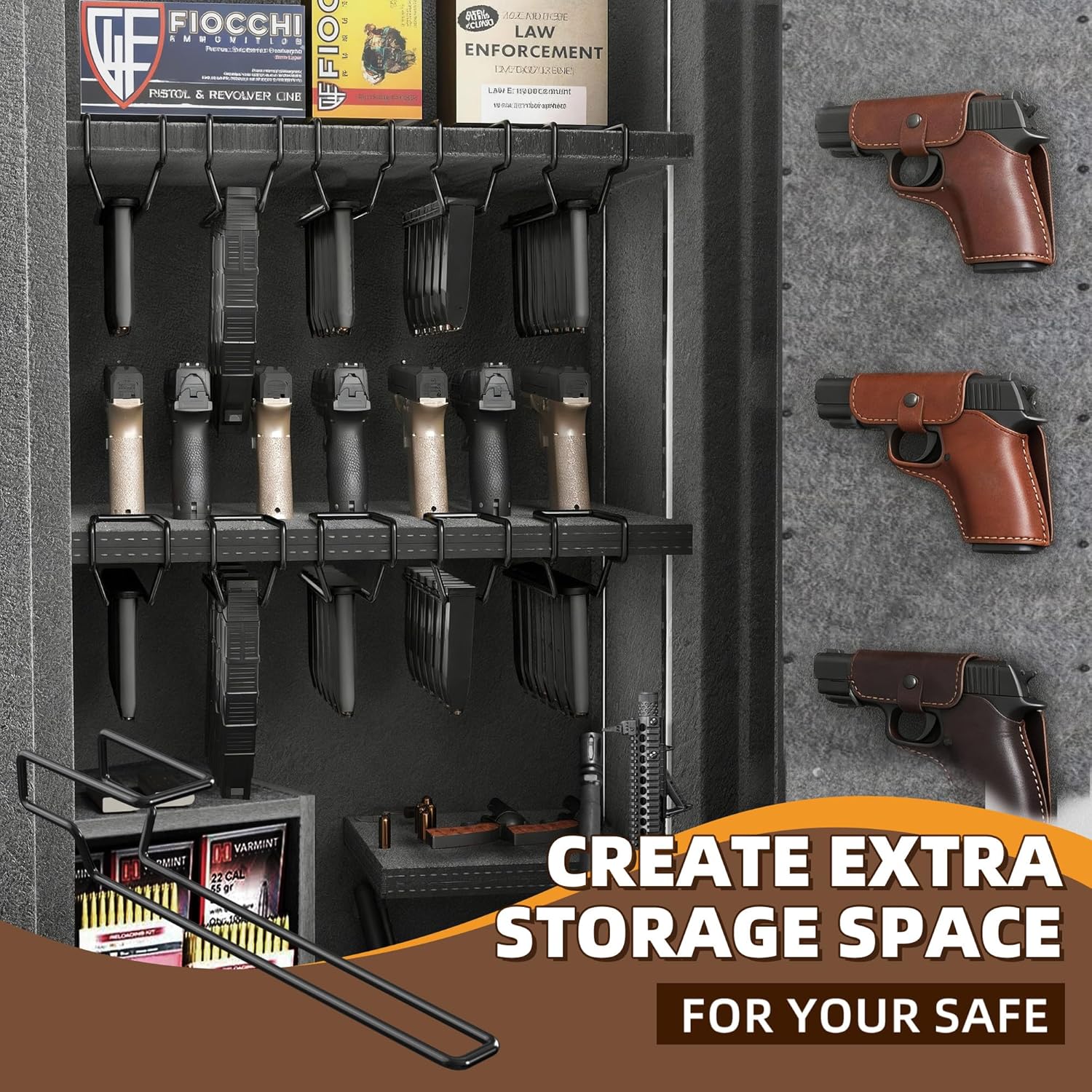 Pistol Magazine Rack - Heavy Duty Steel Double Stack Magazine Holder, Vinyl Coaintg Gun Shelf Magazine Holder fits Magazine with Base, Gun Safe Magazine Holder