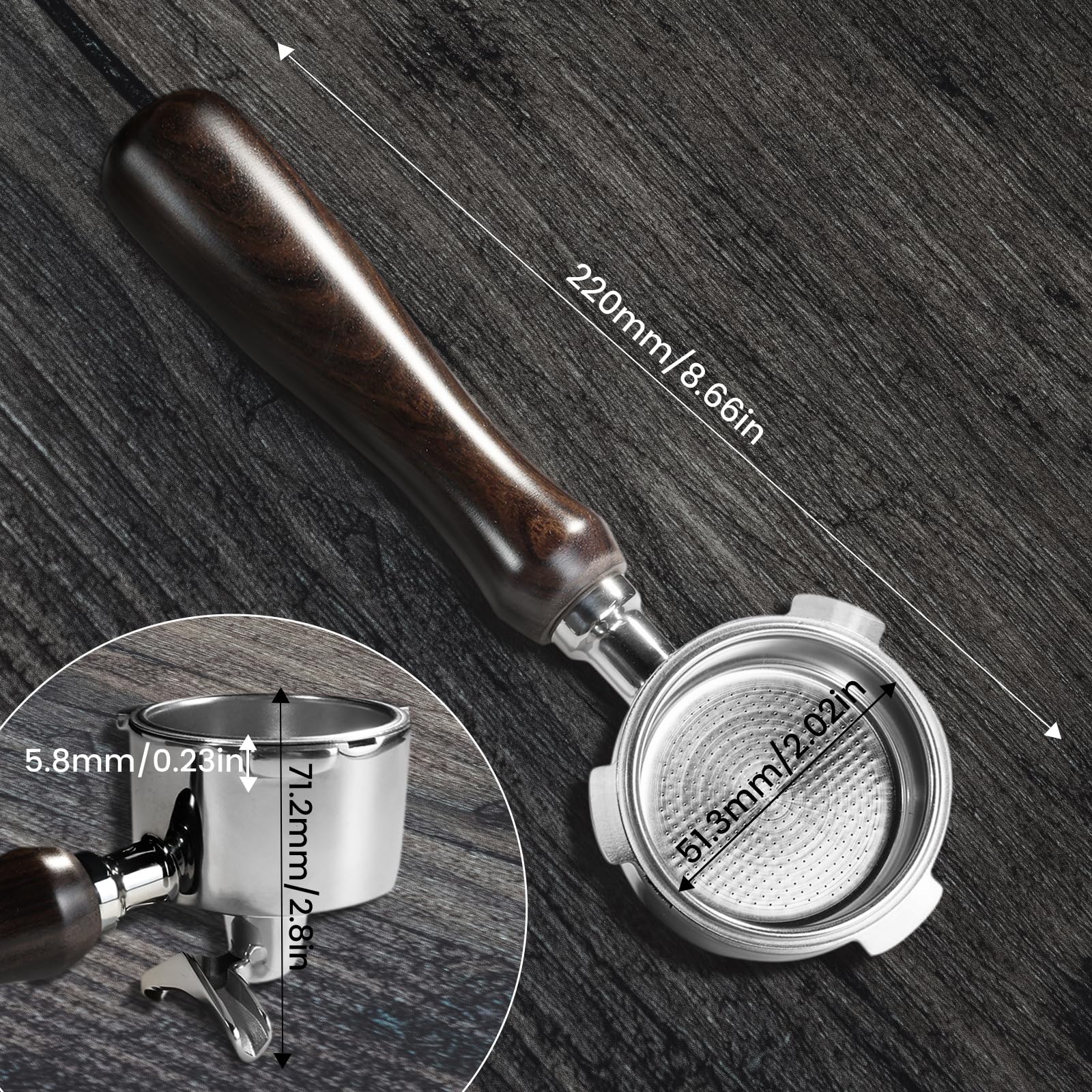 Siebträger 51mm Doppelauslauf für Delonghi Dedica EC680/ EC685, 3 ohren, mit Sieb Entfernungshilfe, Holzgriff, 2 Tassen Edelstahl Filterkorb