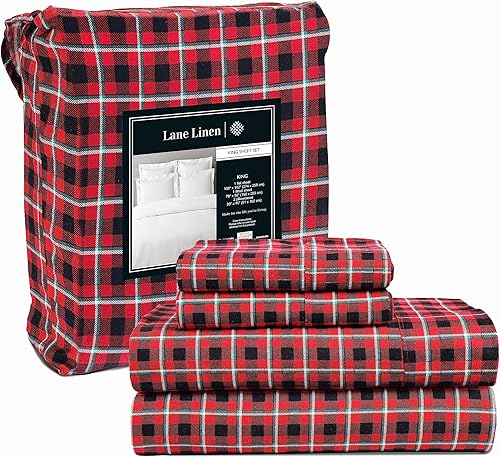 Miniatura 90 de LANE LINEN Sábanas de franela de algodón tamaño King, cepilladas para mayor suavidad, juego de sábanas ligeras tamaño King 100% algodón, sábanas