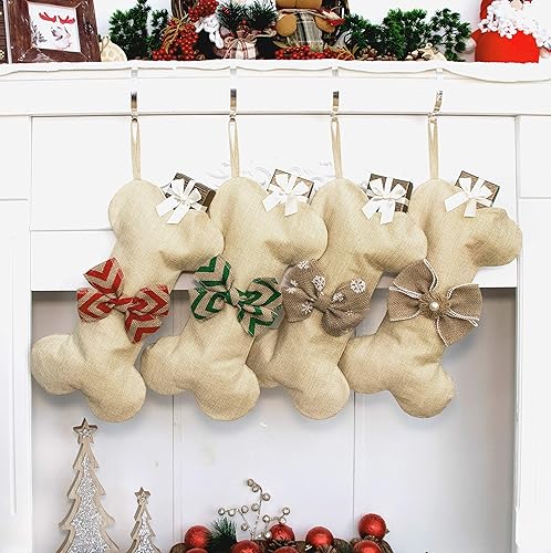 New Linen - Medias de Navidad de hueso de perro para mascotas, yute natural, vacaciones de arpillera, 16 x 8 pulgadas, 4 # lazo de flores (1 unidad)