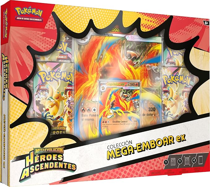 Pokémon: Colección Mega-Emboar ex de Megaevolución-Héroes Ascendentes (1 Carta holográfica de promoción, 1 Carta de Gran tamaño con Efecto 3D y 4 Sobres de Mejora)