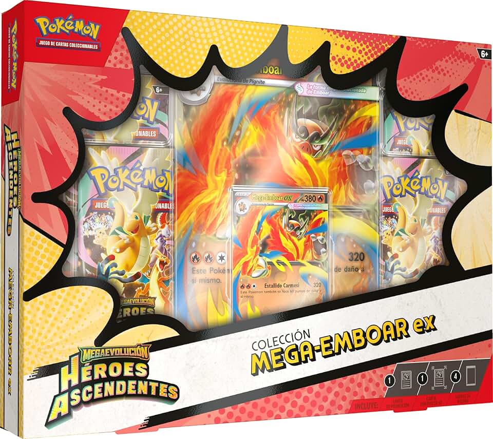 Pokémon: Colección Mega-Emboar ex de Megaevolución-Héroes Ascendentes (1 Carta holográfica de promoción, 1 Carta de Gran tamaño con Efecto 3D y 4 Sobres de Mejora)