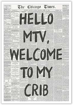 DVBOCS Hello Mtv Welcome To My Crib Poster Vintage Black And White Newspaper Canvas Wall Art Positive Affirming 70S Room Aesthetic Prints Painting For Home Bedroom Dorm Wall Decor 16x24in Unframed