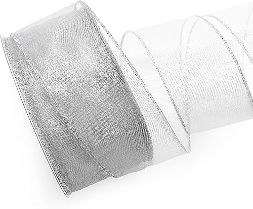 Vista 6 de ALTIER - Cinta con alambre metálica plateada de 2.5 pulgadas x 40 yardas para decoración navideña del hogar, envoltura de regalos, fabricación