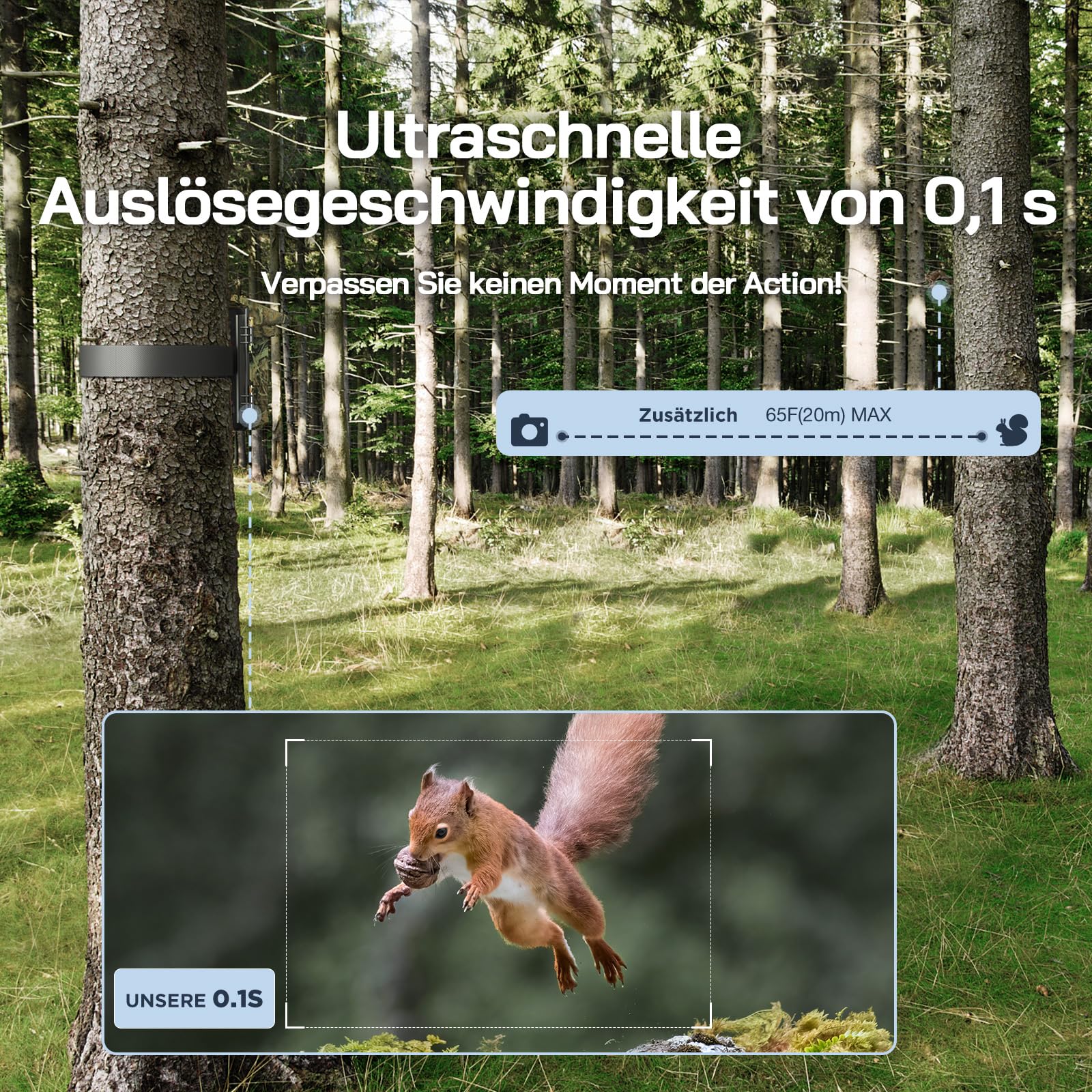 WOLFANG Solar Wildkamera mit Handyübertragung, 4K 30fps 68MP,120 ° Weitwinkel WLAN Bluetooth Wildtierkamera, Bewegungsmelder Nachtsicht, IP66, 0.1s Auslösezeit für Wildlife Monitoring