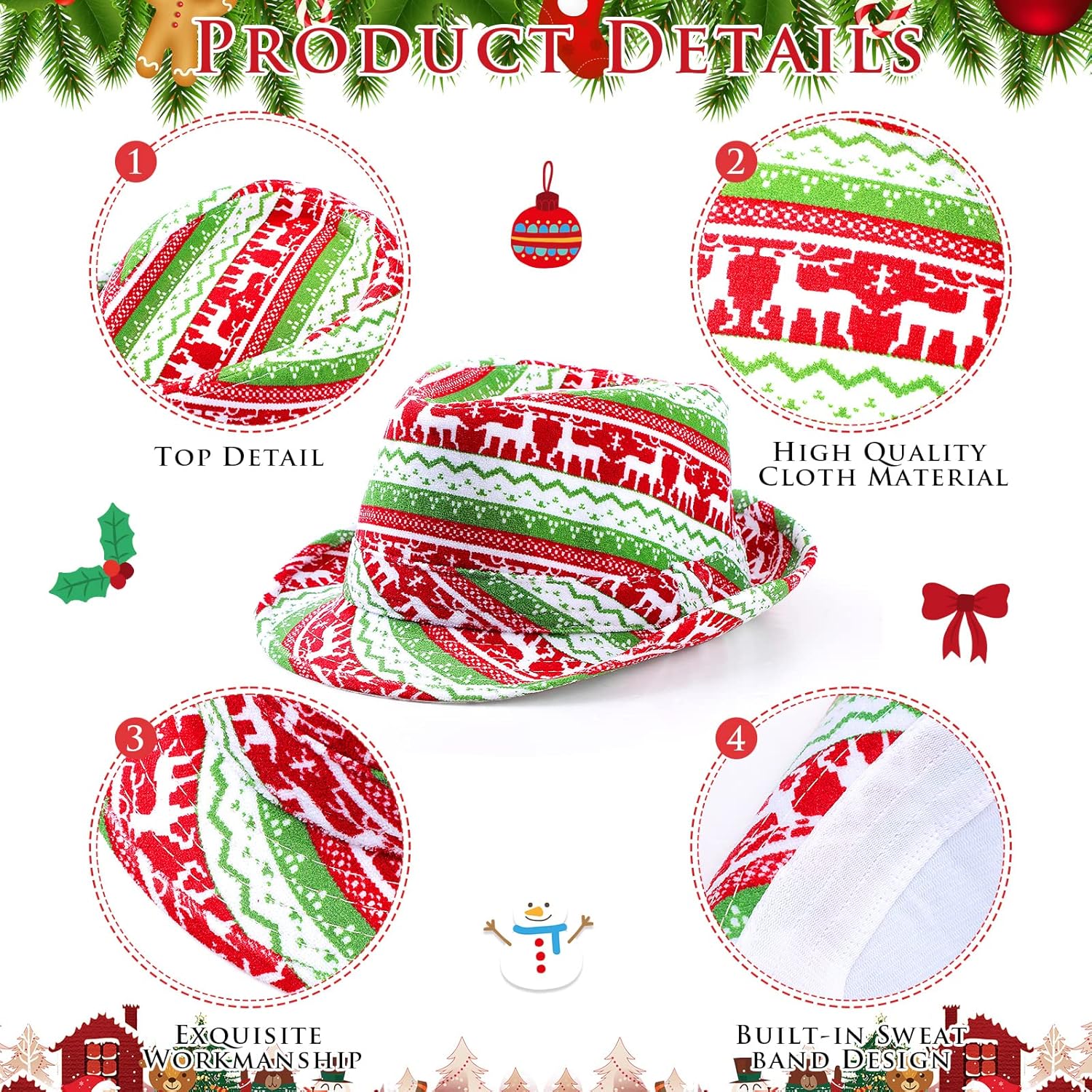 Jadive 6 Pcs Ugly Sweater Hat Funny Christmas Holiday Red and Green Party Hat for Adults Unisex Short Brim - Image 6