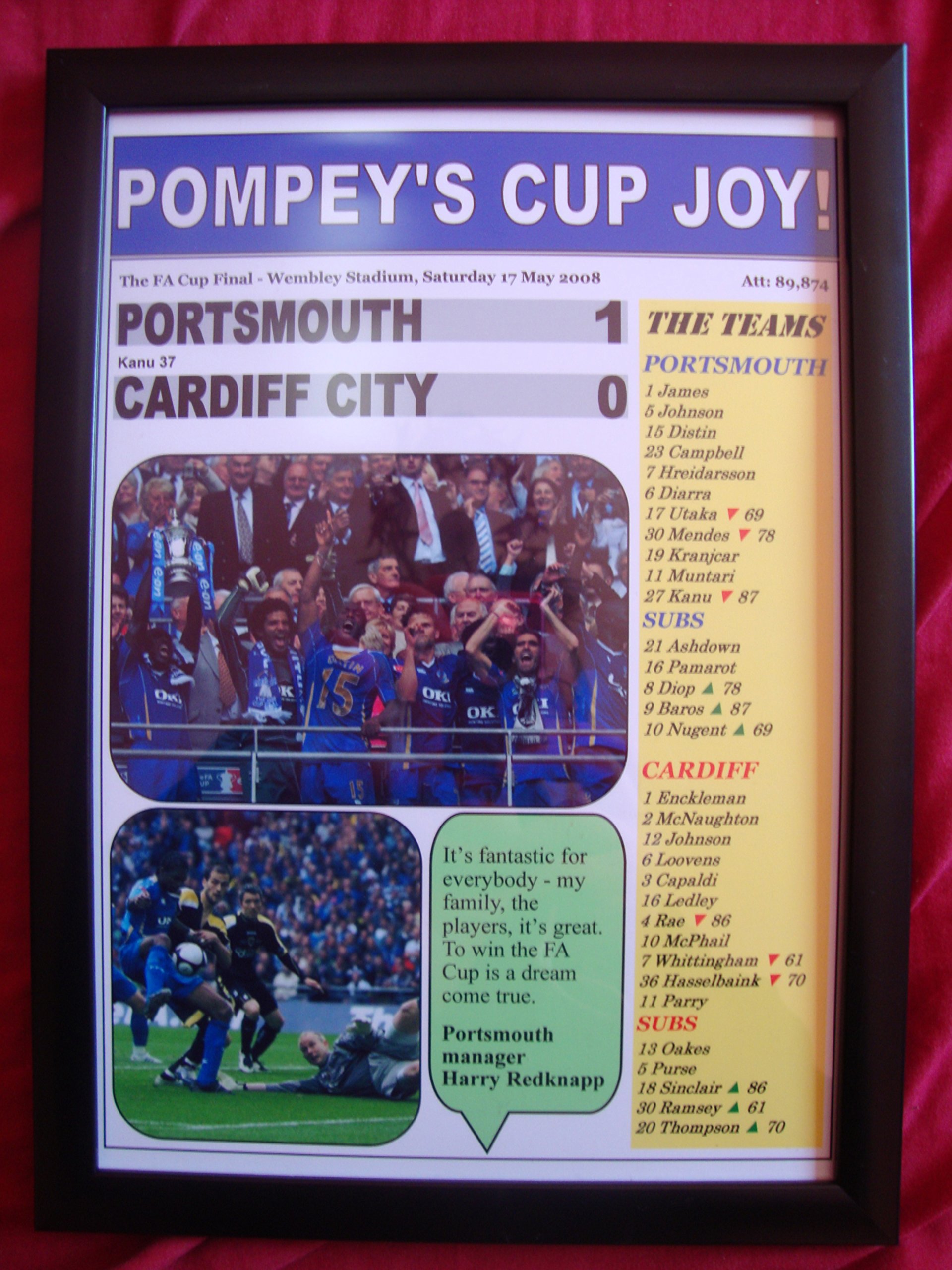 Lilywhite Multimedia Portsmouth 1 Cardiff City 0 - 2008 FA Cup final - framed print