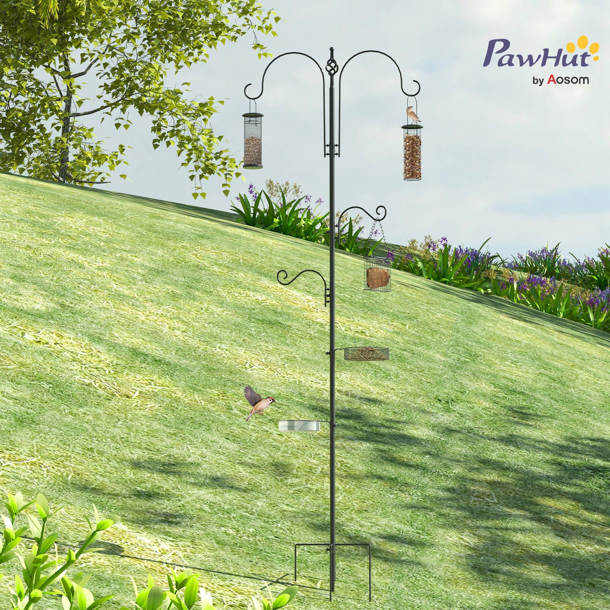 PawHut Station d'alimentation pour Oiseaux en Acier avec 4 Crochets, Mangeoir sur Pied 208H cm, Noir