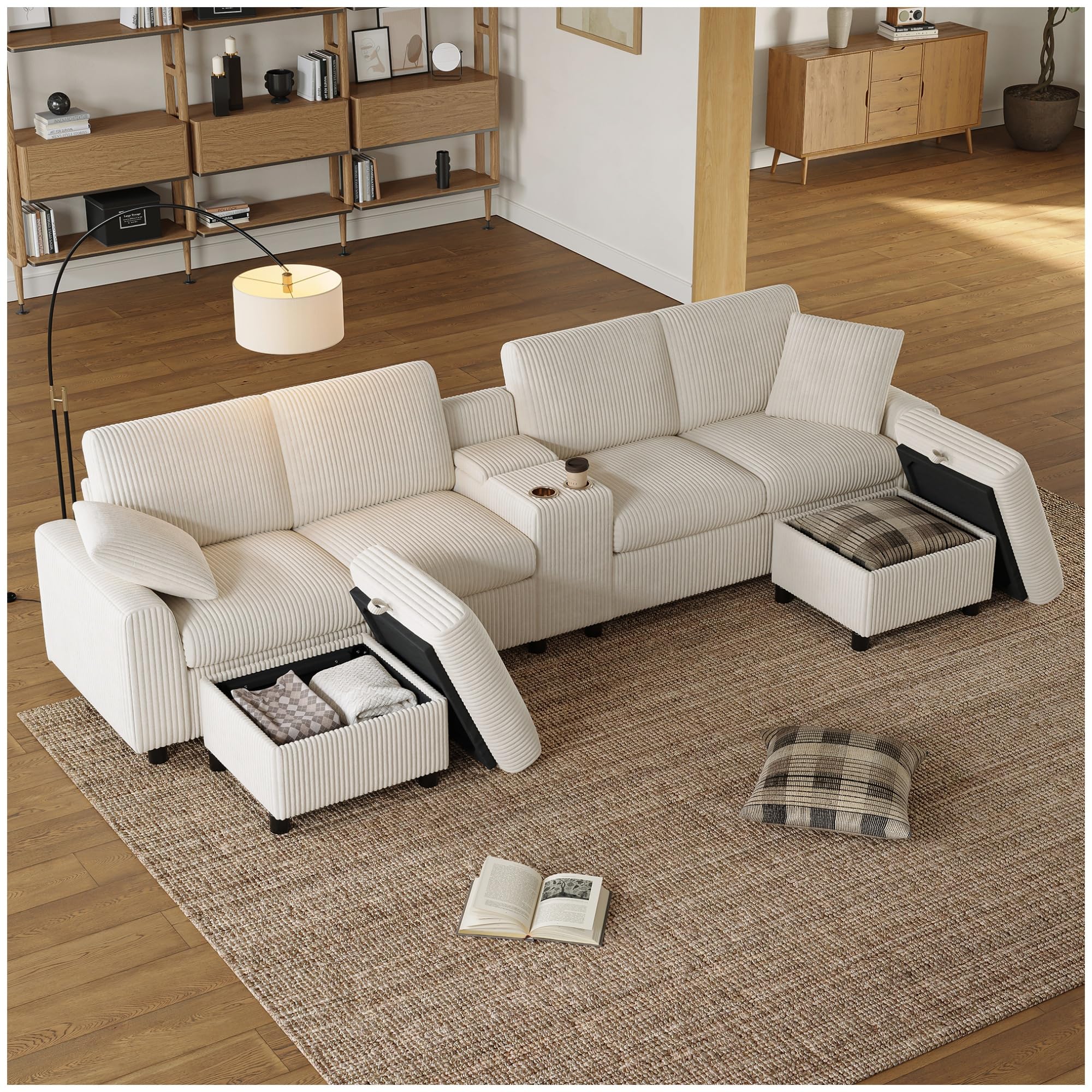 Divano modulare contemporaneo, divano angolare a 4-6 posti, con pouf contenitore, portabicchieri, porte USB, prese di corrente e rivestimento in velluto a coste (Beige)