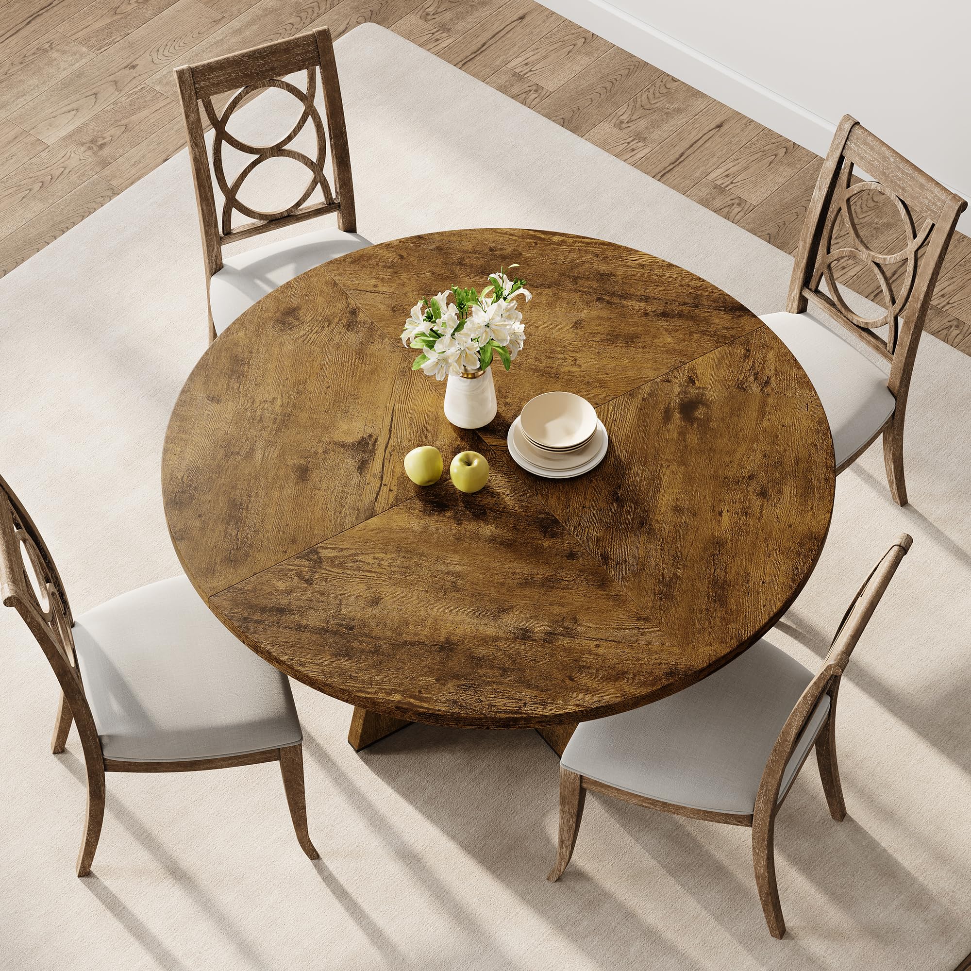 Großer runder Esstisch 120 cm aus Massivholz – rustikaler Landhausstil – platzsparendes, stabiles Design – für 4–6 Personen – für Esszimmer oder Wohnzimmer – ohne Stühle – Vintage-Farbe