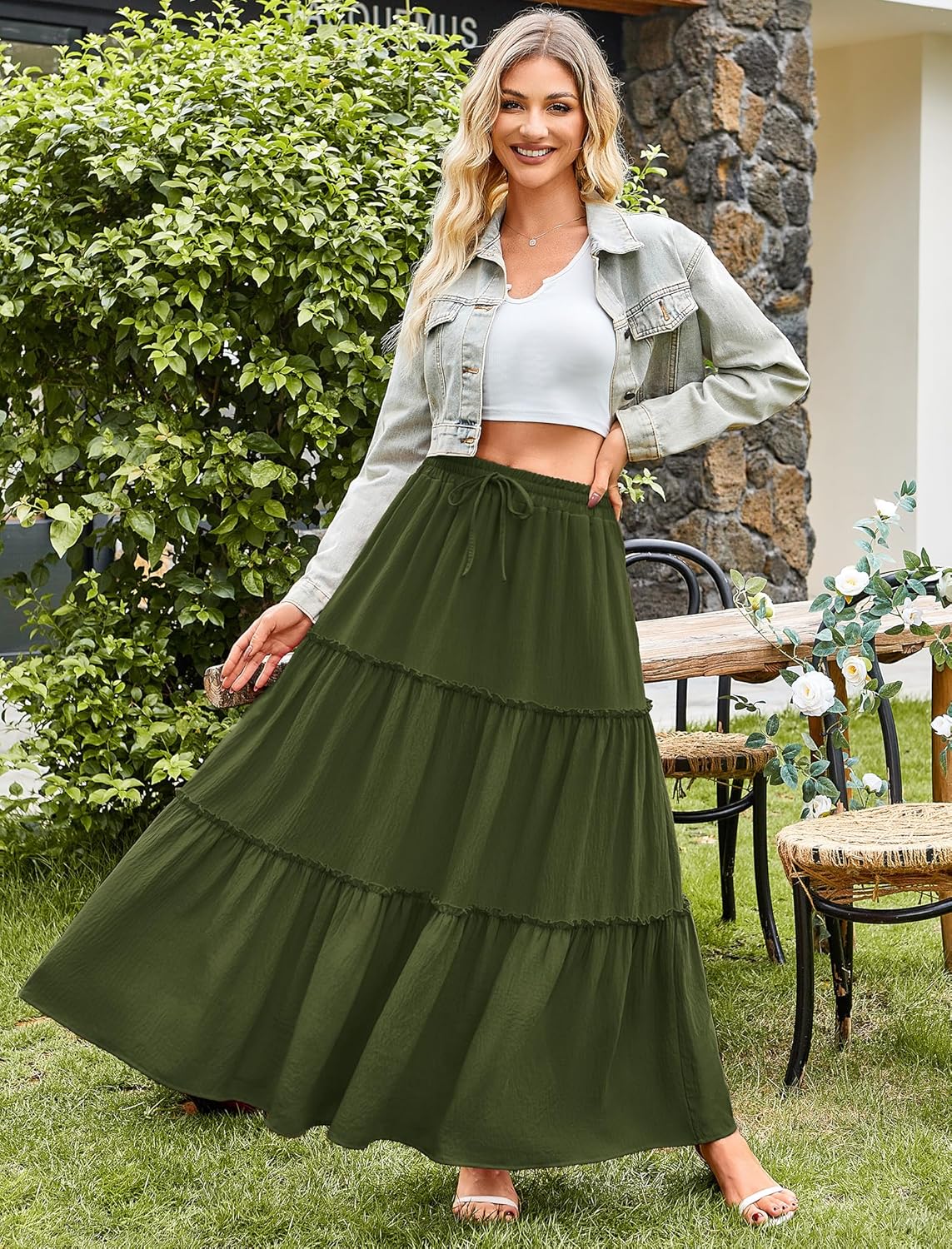 Arolina Women's Summer Maxi Skirt Trendy High Waist Pleated Ruffle Long Skirts Flowy Beach Boho Skirt Dress with Pockets - Image 2