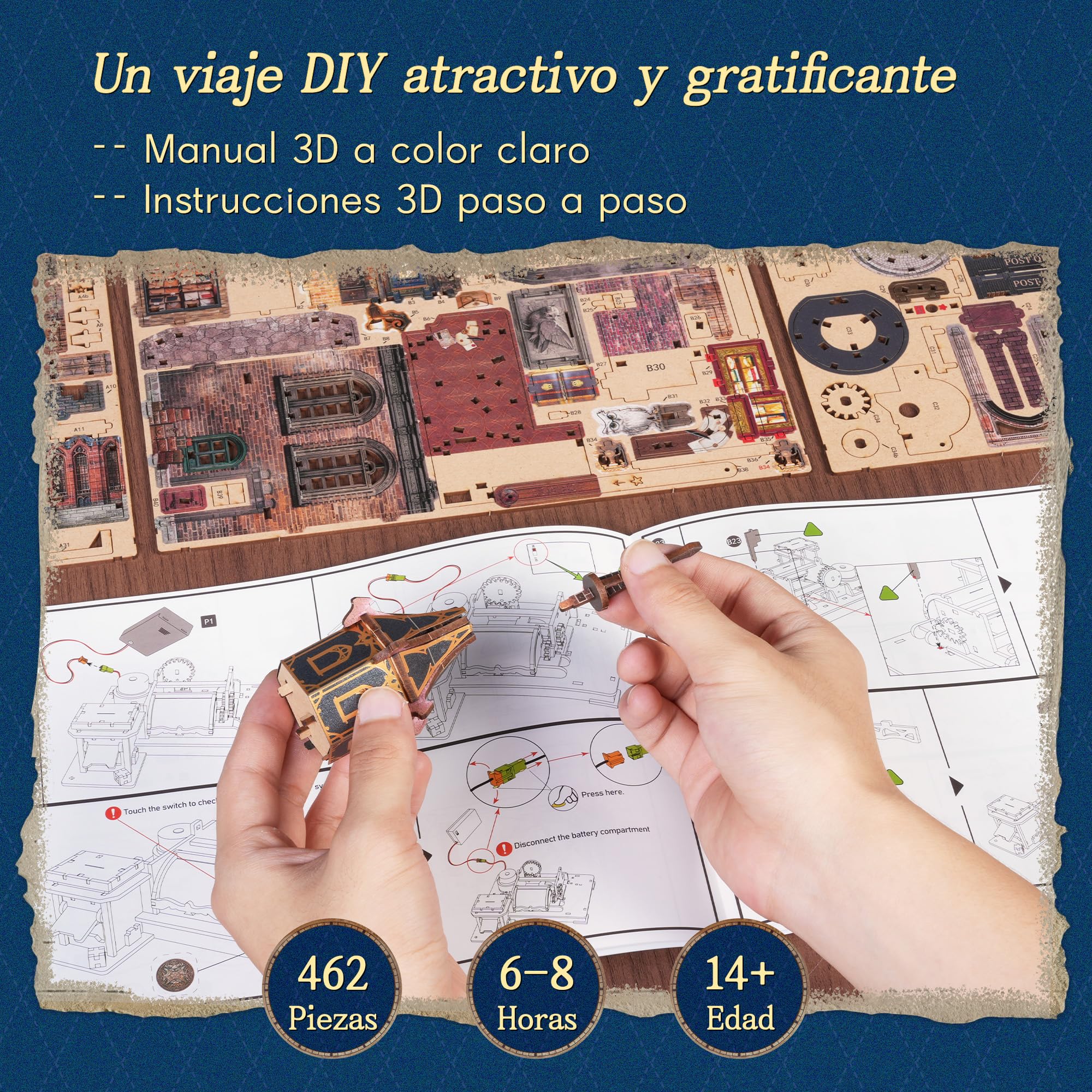 FUNPOLA Puzzle 3D de Madera con Luces LED Oficina Postal del Búho – Modelo dinámico con Engranajes mecánicos, Kit Miniatura DIY con música y Luces LED, Regalo Decorativo para Adultos y Adolescentes