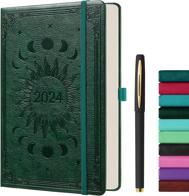 2024 Diary A5 Page a Day | Diary 2024 Day Per Page | with Pen Set | Jan to Dec | Day View Planner Organizer | Hard Cover | Monthly Tabs, 2 Bookmarks, Inner Pocket A5(5.9 × 8.5 Inch) Dark Green