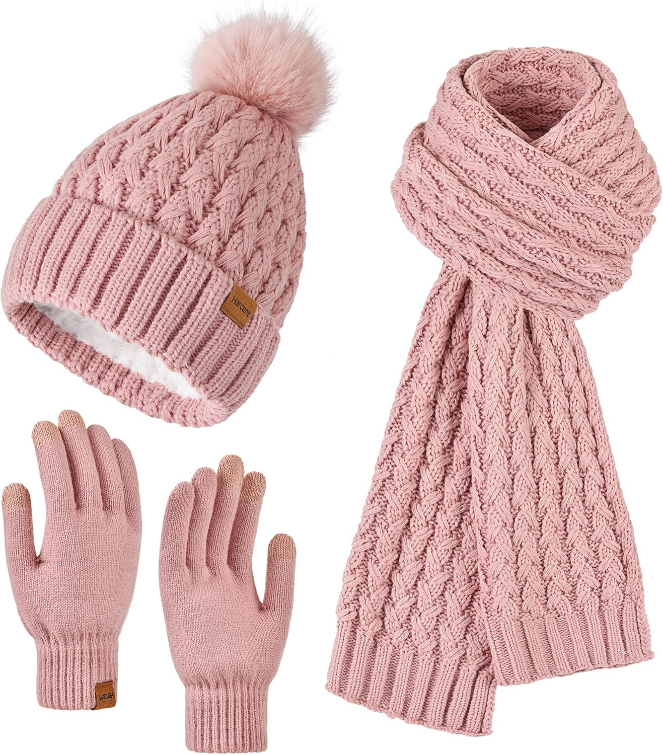 Womens Winter Warm Beanie Hat Long Neck Scarf and Touchscreen Gloves Set with Fleece Lined Pom Skull Caps for Women
