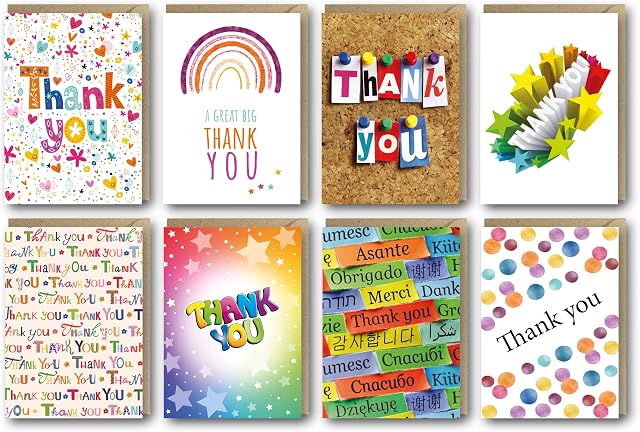 Absolutely Yours Thank You Cards Multipack of 32. Each Greeting Cards Multipack includes 8 Colourful Designs. Blank Inside. Eco friendly. Thank you Cards & Envelopes