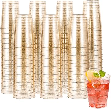 JOLLY CHEF 200 Pack 10 oz Gold Glitter Clear Plastic Cups for Parties