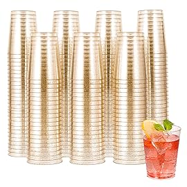 JOLLY CHEF 200 Pack 10 oz Gold Plastic Cups, Disposable Gold Glitter Plastic Cups, Clear Tumblers for Weddings Thanksgiving, Christmas Parties