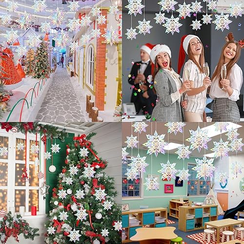 Vista 65 de 36 decoraciones de copos de nieve de Navidad, guirnalda de copos de nieve de papel blanco grande 3D para colgar copos de nieve para invierno, país
