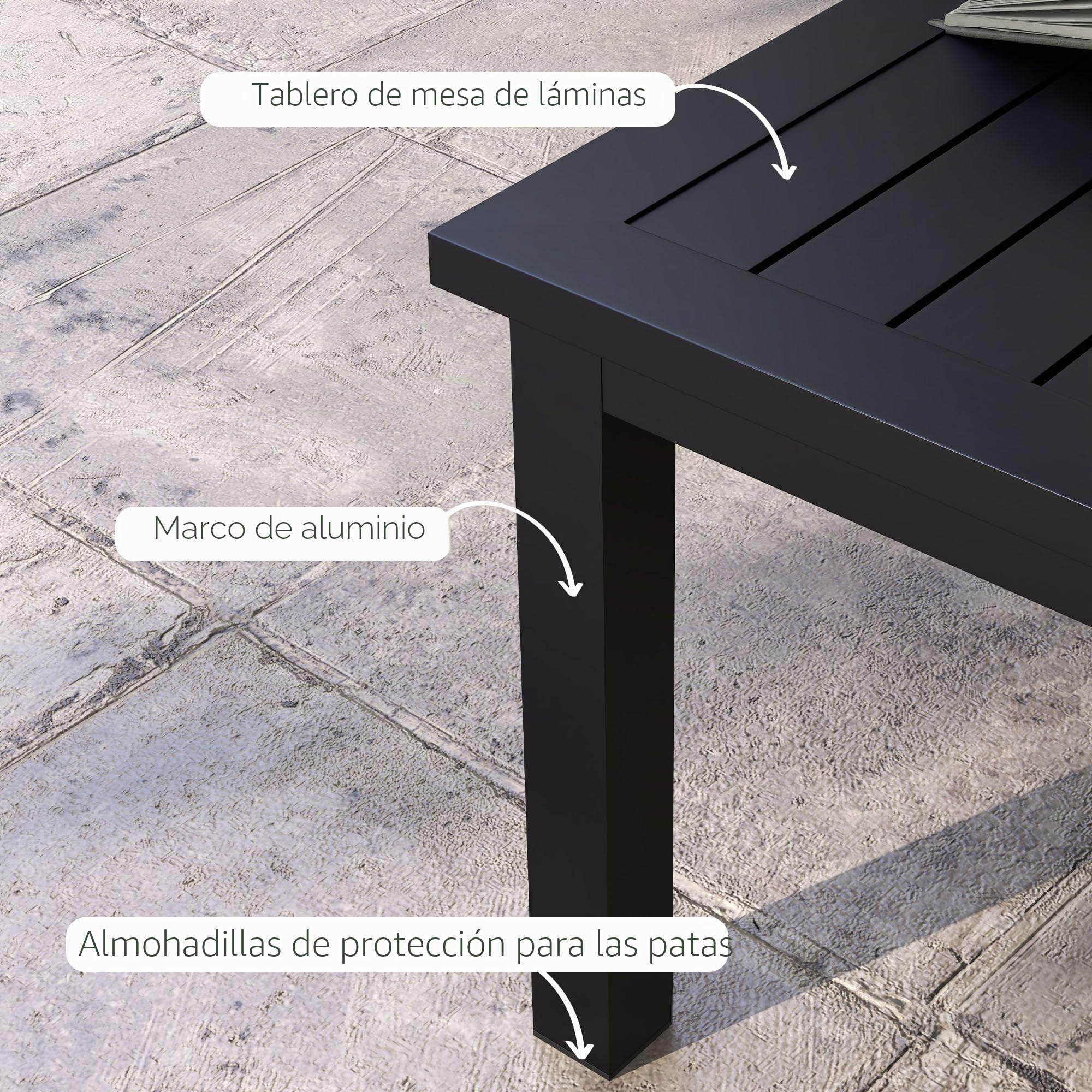 Outsunny Aluminio Mesa de café Exterior con Lamas 100x60 cm Negro | Mesa lateral rectangular para patio, para interior, jardín, balcón