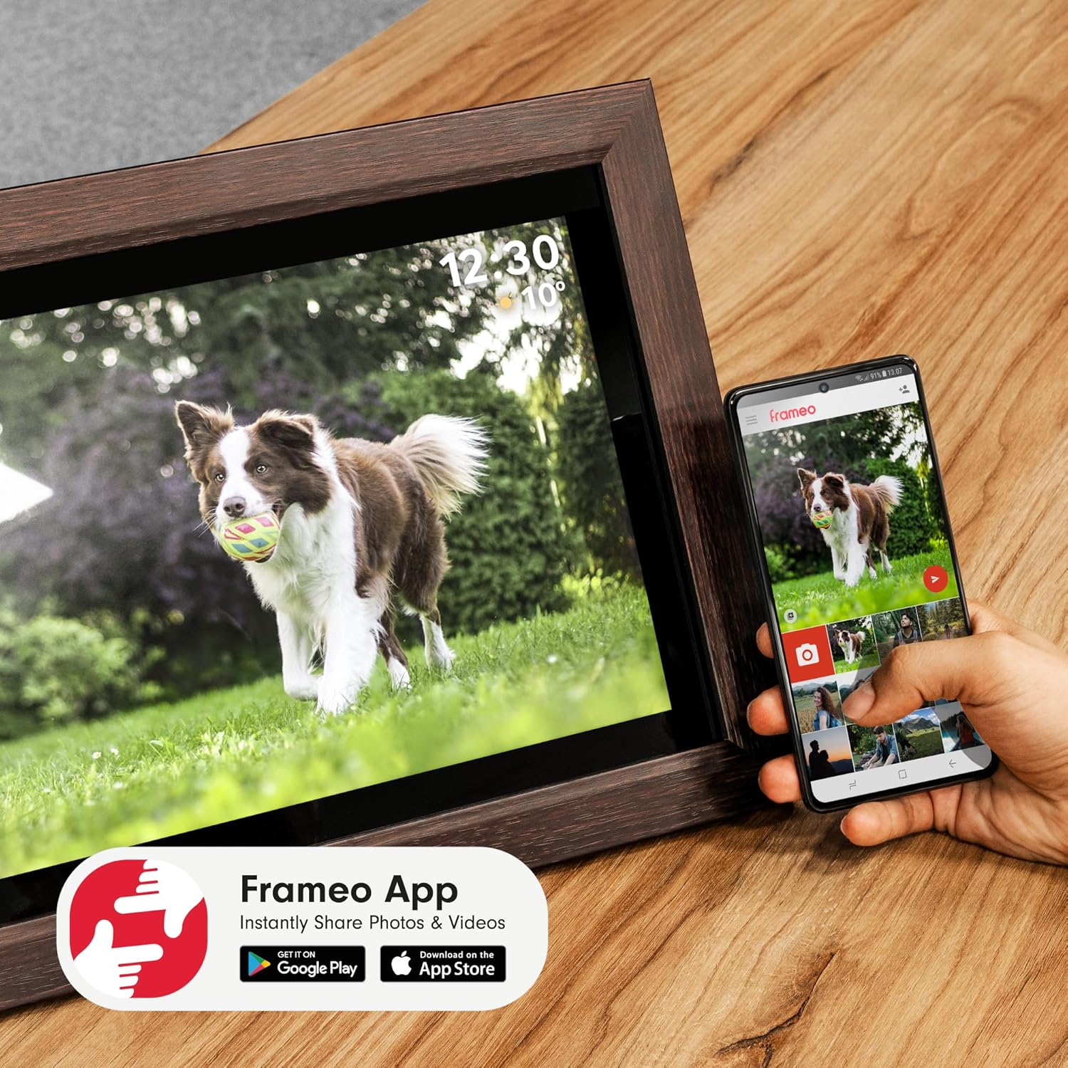 The Frameo app download screen displayed on the digital photo frame, showing icons for Google Play and App Store.