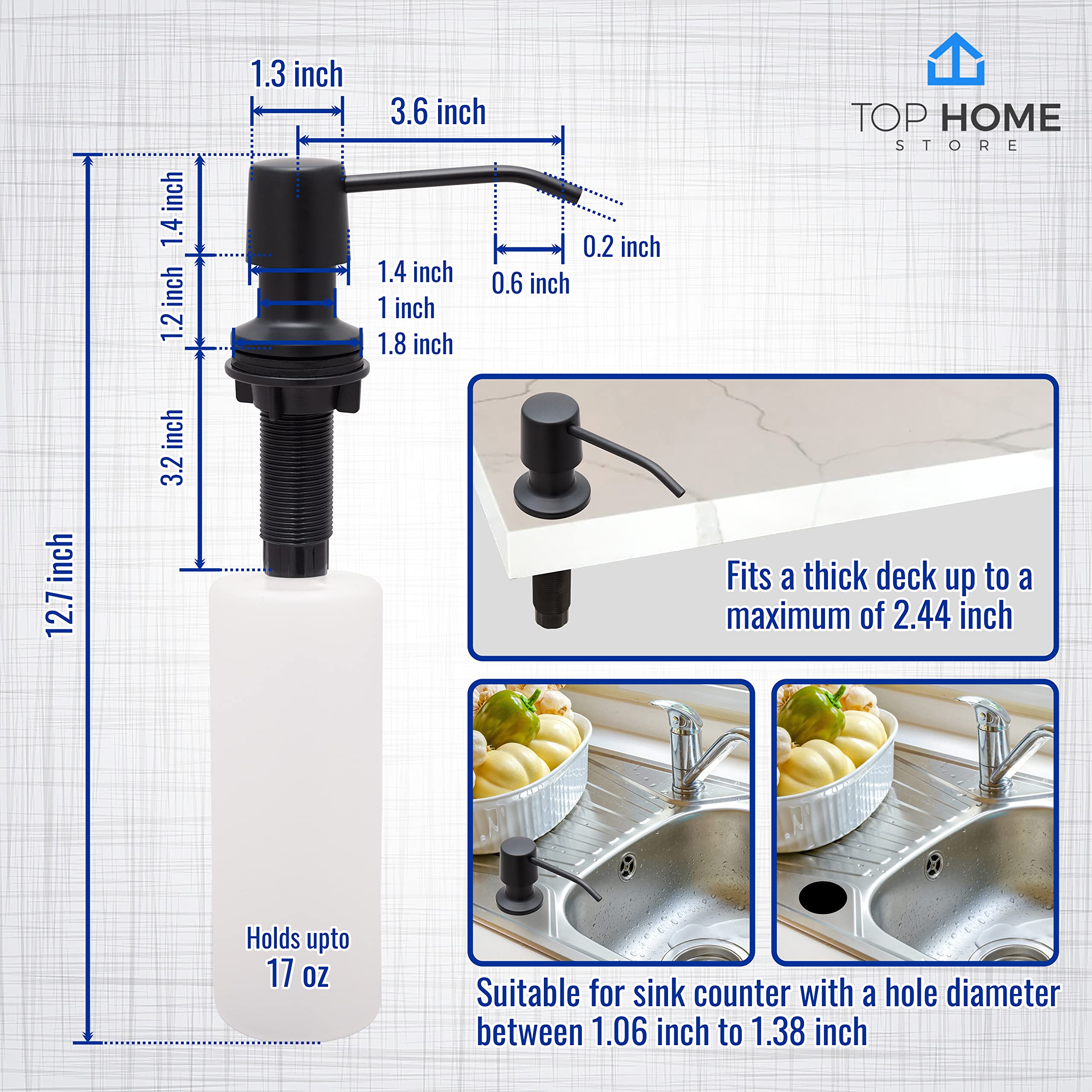Dispensador de jabón para fregadero de cocina, acero inoxidable para encimera con botella grande de jabón líquido, repuesto de la parte superior (negro mate, 1)