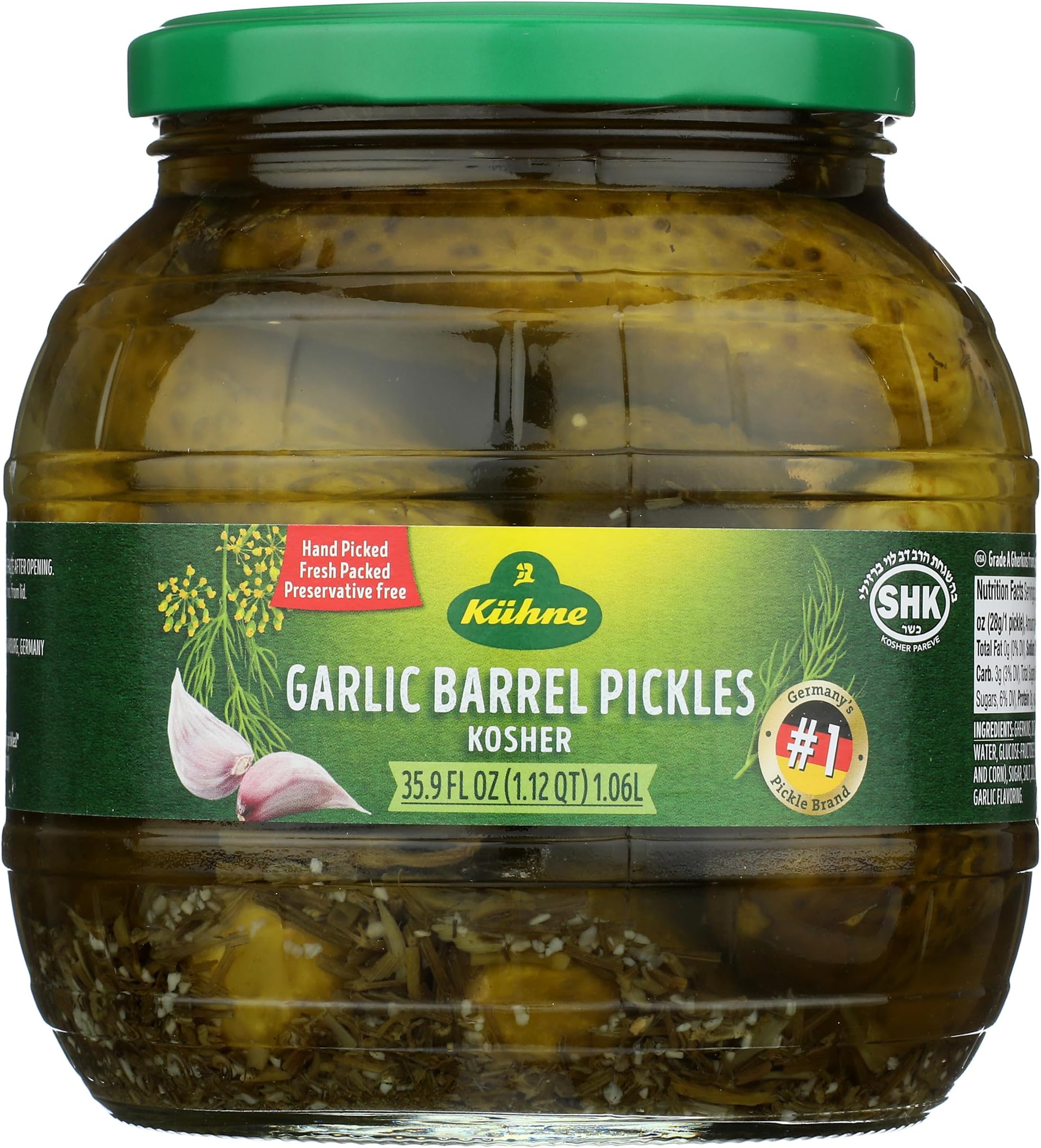 Kuhne Barrel Pickles, Garlic, 35.9 Oz