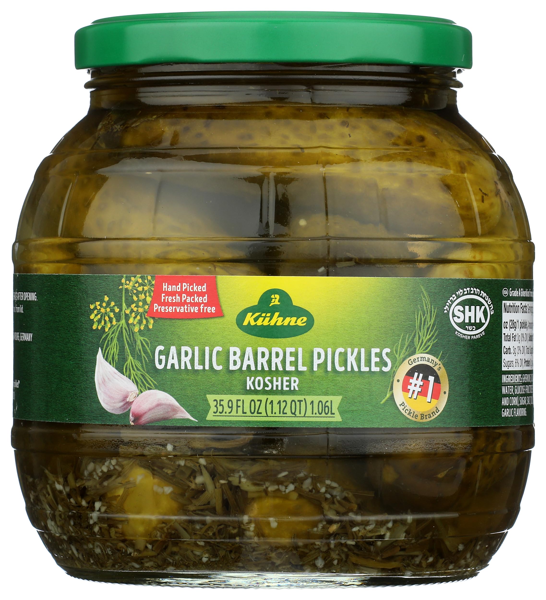 Kuhne Barrel Pickles, Garlic, 35.9 Oz