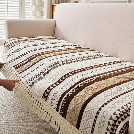 HOKIPO Bohemian Jacquard Weave Sofa Cover Mat with Tassel for 1/2/3 Seater & L Shape Sofa | Anti-Slip DIY Sofa Cover Set |...