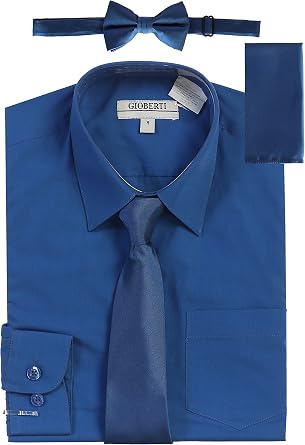 Gioberti Boys Long Sleeve Dress Shirt + Solid Tie, Bow Tie, and Hanky