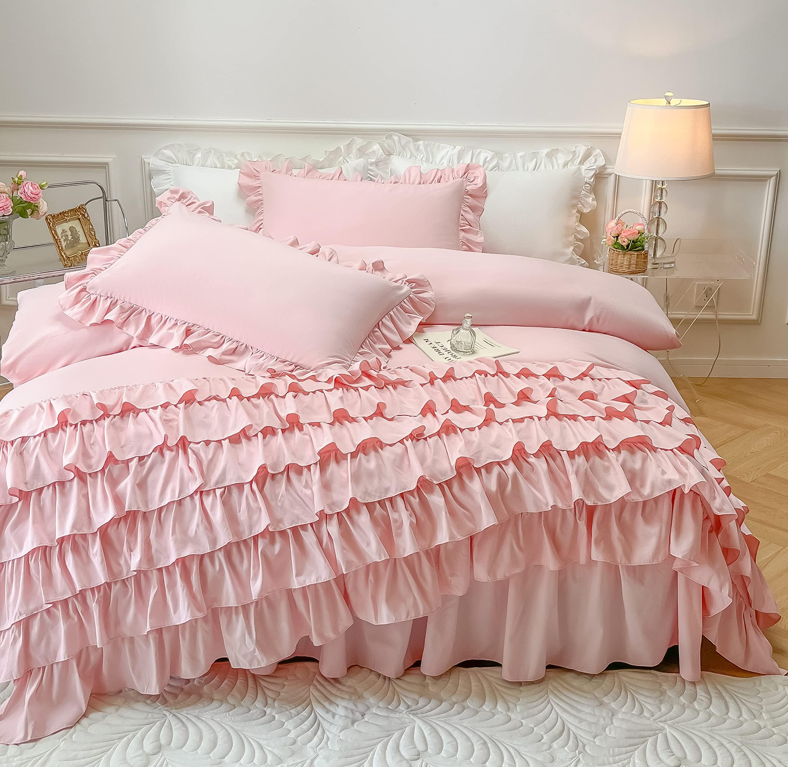 MOOWOO Girls Bedding - Waterfall Ruffle Duvet Cover - Twin 2 Piece Shabby Chic Solid Color Soft & Breathable with Zipper Closure & Corner Ties, Aesthetic Pink