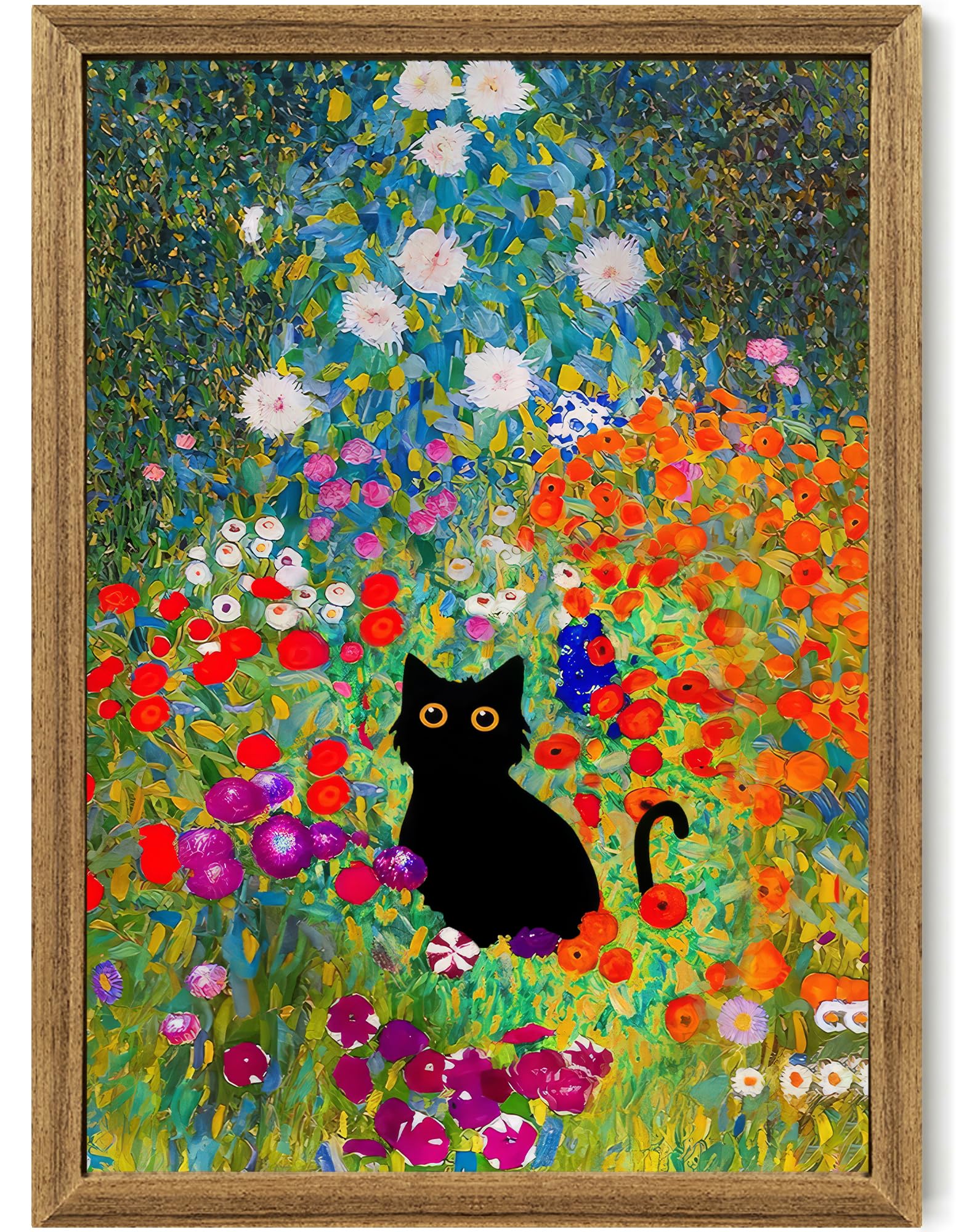 Fantasy Artists Gustav Klimt Canvas Wall Art, Framed Aesthetic Cat Floral Wall Decor, Garden Flower Black Cat Poster Paintings for Living Room Bedroom Bathroon, Dorm Home Decorations, 16" X 24"