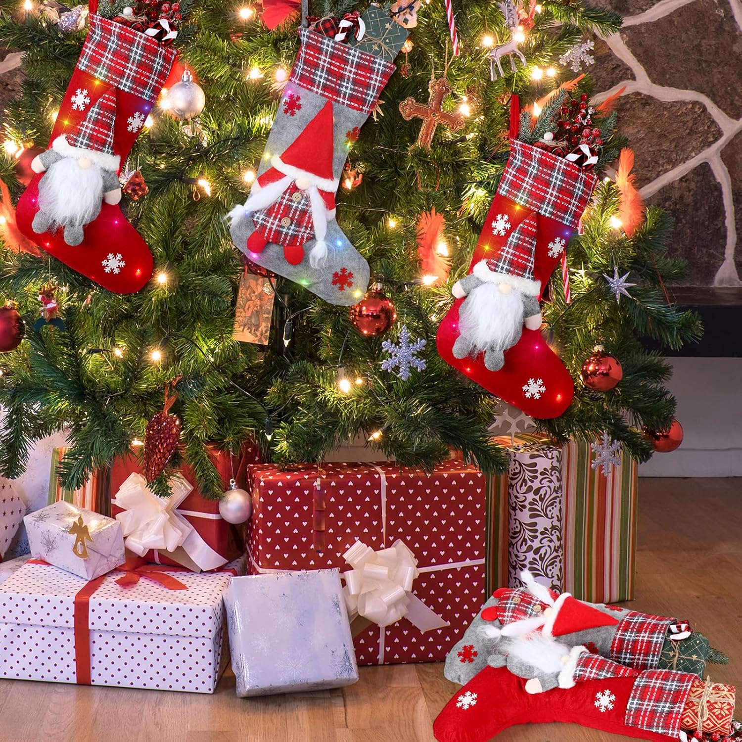 Lyrow LED Christmas Stocking 18.5 Inch Light up Gnome Hanging Stocking Decorating Kit Red Gray Christmas Stockings Classic Large Farmhouse Christmas Decor for Fireplace Xmas Party(6 Pcs)