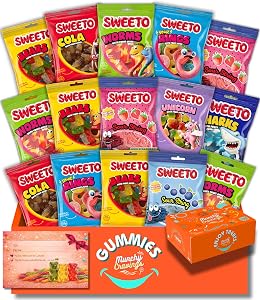 MunchyCravings Gummy Candy Variety Box (16 Packs, Up to 8 Flavours) – Snack Box with Sweet & Sour Gummies – Candy Gift Box for Men, Women, Kids & Adults – Care Package for Birthdays, Christmas & Halloween