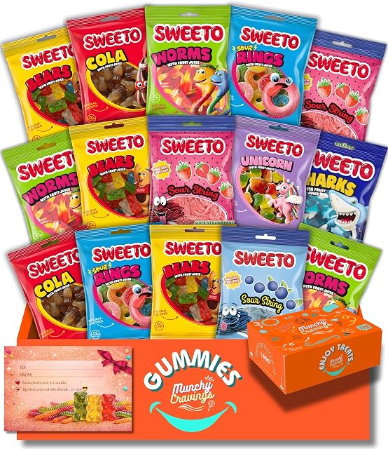 MunchyCravings Gummy Candy Variety Box (16 Packs, Up to 8 Flavours) – Snack Box with Sweet & Sour Gummies – Candy Gift Box for Men, Women, Kids & Adults – Care Package for Birthdays, Christmas & Halloween