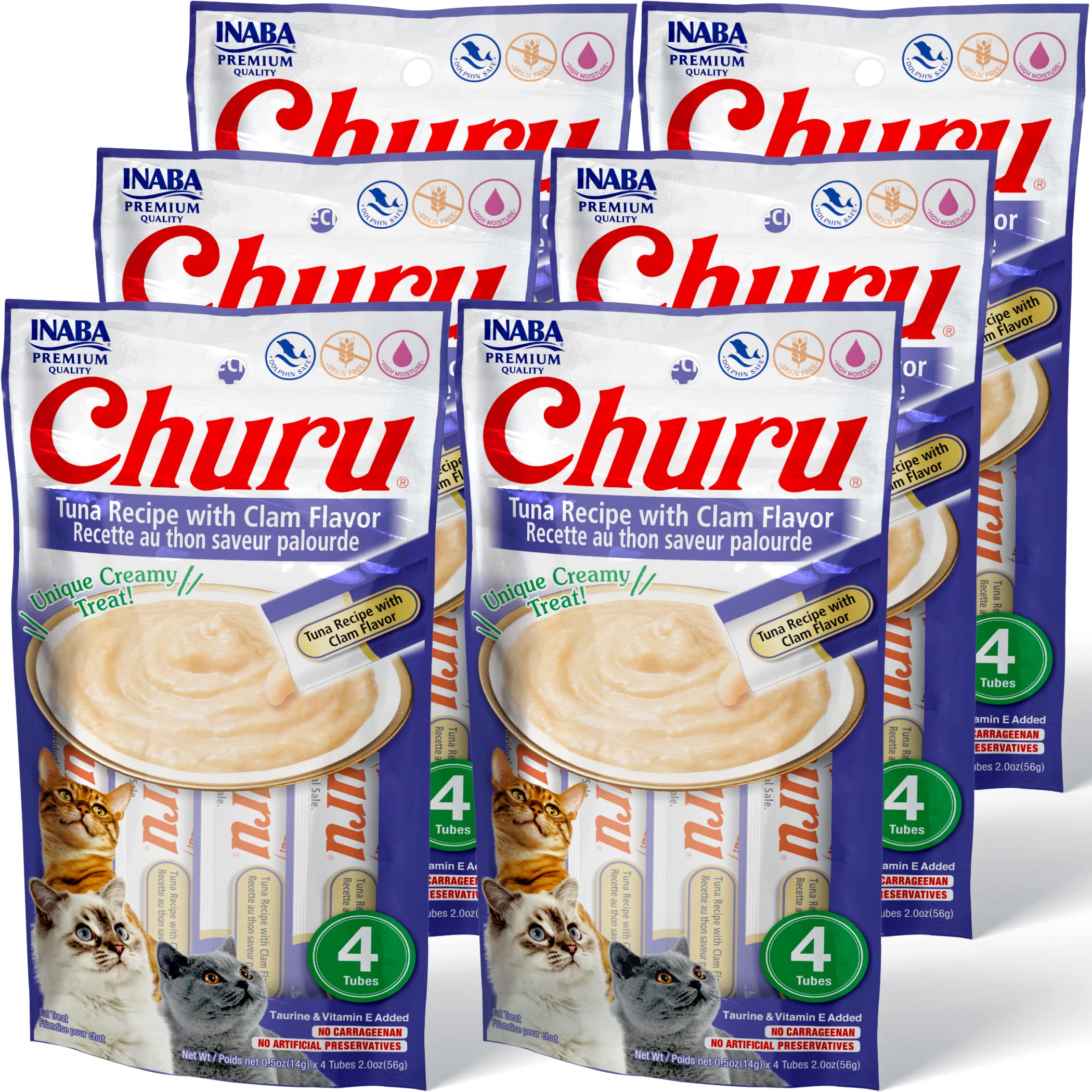 INABAChuru Cat Treats, Grain-Free, Lickable, Squeezable Creamy Purée Cat Treat/Topper with Vitamin E & Taurine, 0.5 Ounces Each Tube, 24 Tubes (4 per Pack), Tuna Recipe with Clam Flavor