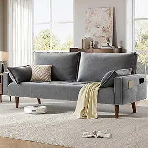 DWVO 68" Loveseat Sofa, Velvet Fabric Sofa Couch for Small Space, Modern Loveseat with Button Tufted Seat and Side Storage Pockect, 3 Seater Couch for Living Room Bedroom, 2 Pillows Included, Grey
