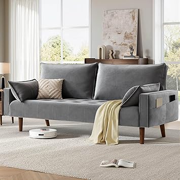 DWVO 68" Loveseat Sofa, Velvet Fabric Sofa Couch for Small Space, Modern Loveseat with Button Tufted Seat and Side Storage Pockect, 3 Seater Couch for Living Room Bedroom, 2 Pillows Included, Grey