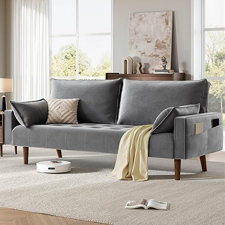 DWVO 68" Loveseat Sofa, Velvet Fabric Sofa Couch for Small Space, Modern Loveseat with Button Tufted Seat and Side Storage Pockect, 3 Seater Couch for Living Room Bedroom, 2 Pillows Included, Grey
