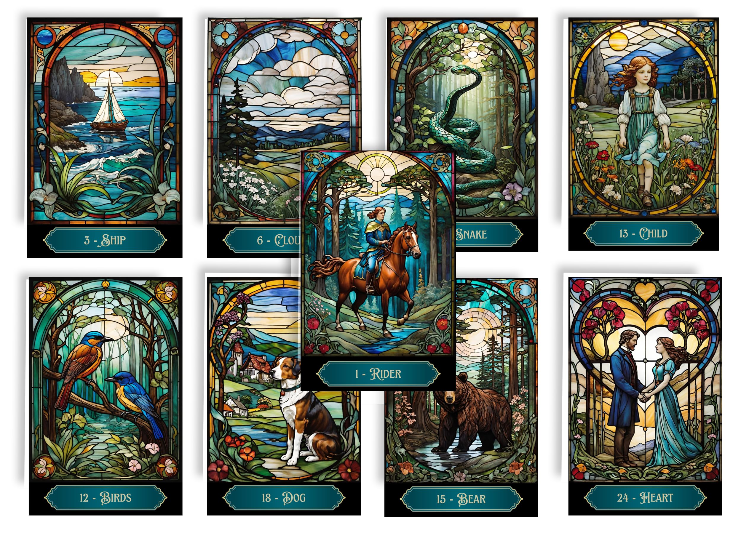 Stained Glass Lenormand Oracle Cards. Art Nouveau Cards. 36 Madame Lenormand Cards for Fortune Telling and Divination