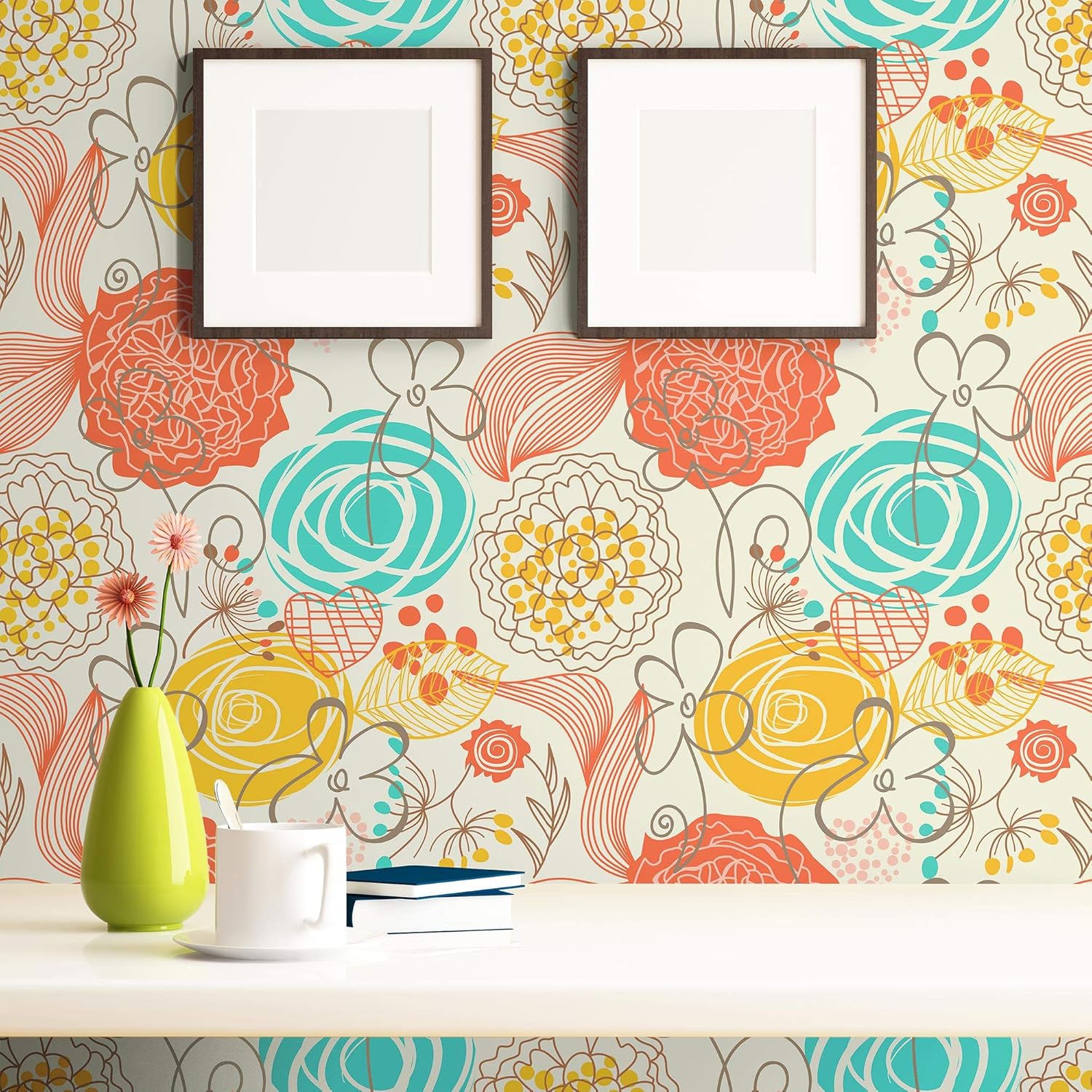 Walls By Me Peel and Stick Red Heart Floral Removable Wallpaper 2097-2ft x 4ft (61x122cm)