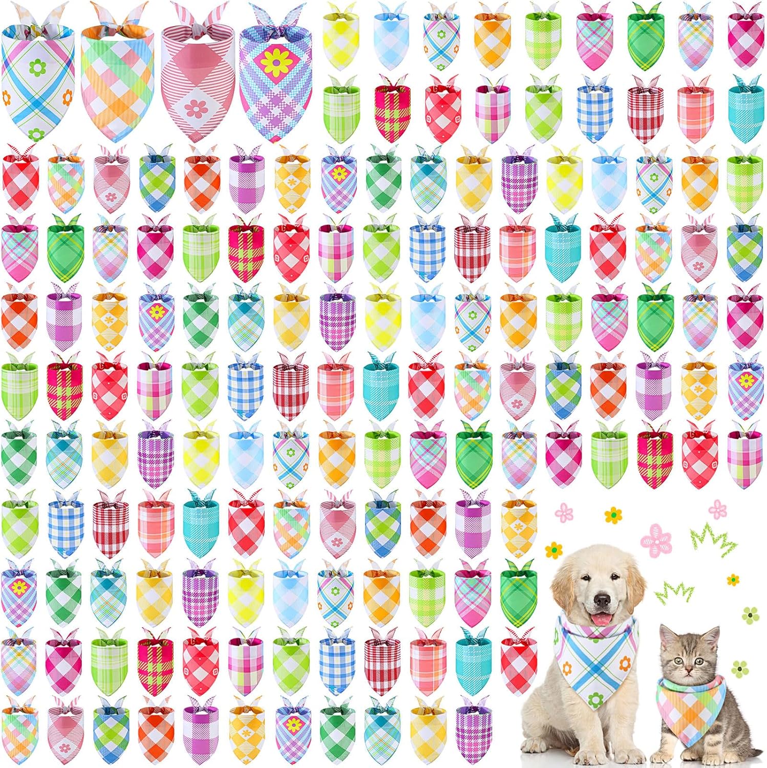 Pickmesh 150 Pcs Spring Plaid Dog Bandanas Bulk Spring Pet Scarf Bibs Adjustable Washable Pet Kerchief Seasonal Costume Accessories Holiday Grooming Supplies for Small to Large Cat Dog