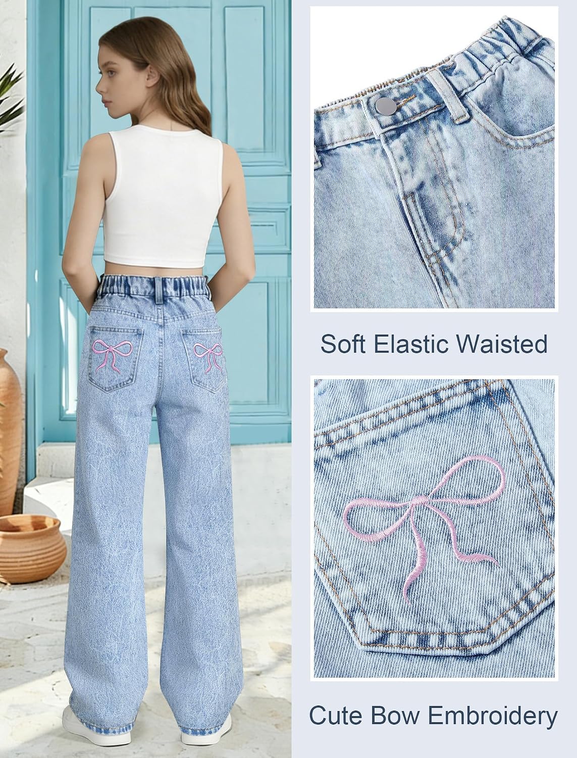 Girls Baggy Jeans Wide Straight Leg High Waist Cute Bow Embroidered Denim Pants Trendy Skater Streetwear 8-16Y