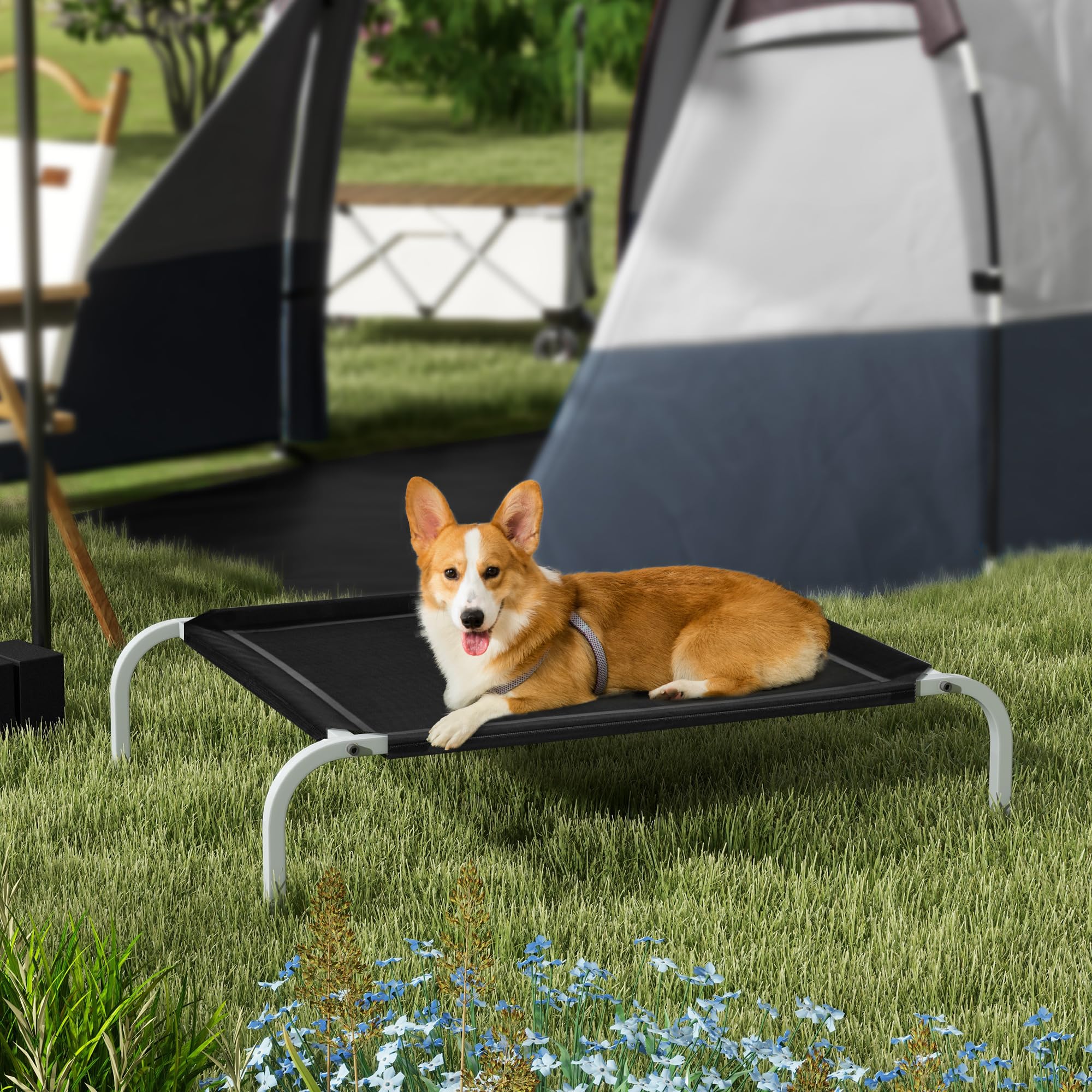 PawHut Lettino per Cani da Interno ed Esterno, Cuccia Estiva Brandina per Cani, Tessuto Traspirante Nero, 90x65x20 cm