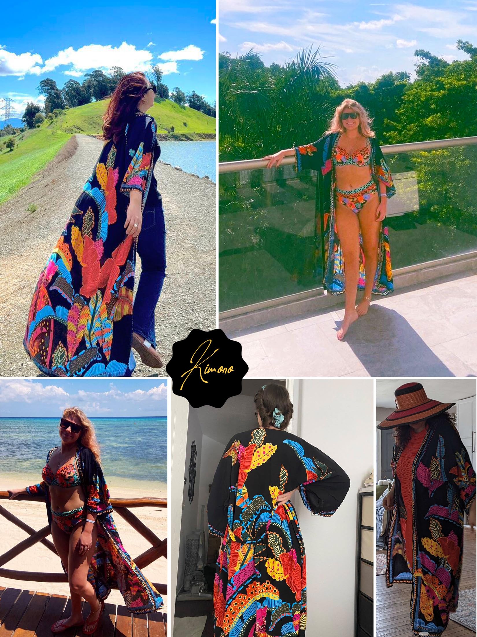EDOLYNSA Bata Larga Tipo Kimono de Playa para Mujer con Parte Delantera Abierta, Negro 4, Talla única