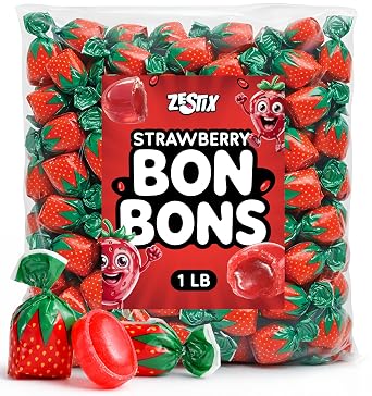 Strawberry Bon Bons Hard Candy, 1LB Bulk Bag Individually Wrapped Old Fashioned Strawberry Filled Hard Candy with Soft Chewy Center, Classic Candy Bowl Treat for Office, Parties & Gifts