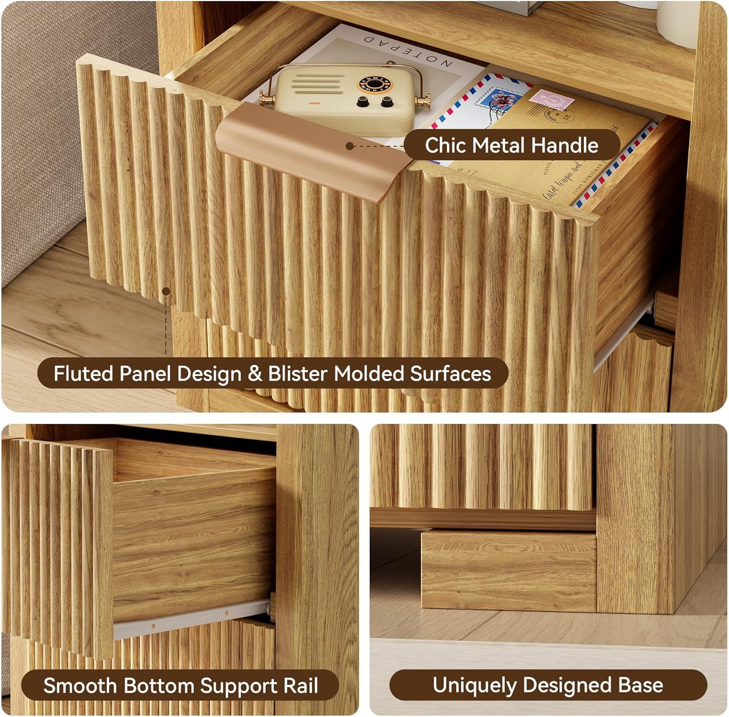 Fluted Nightstand Set of 2 with Charging Station, Night Stand with 2 Drawers, End Table with Storage, Bed Side Table for Bedroom, Modern Nightstand for Living Room, Natural Oak