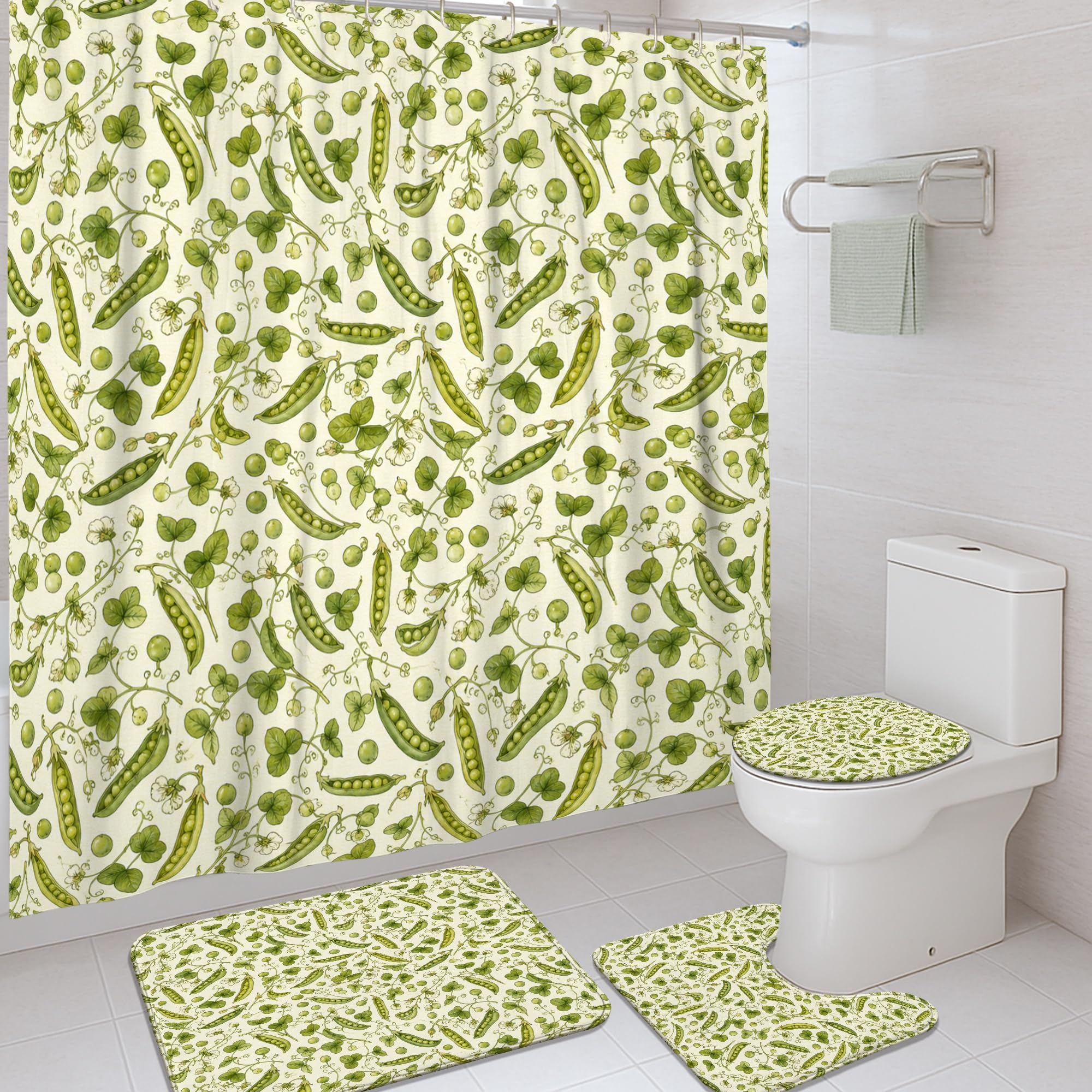 Rideau de douche anti-projections en tissu vert et tapis de sol maison